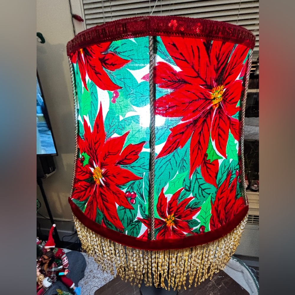 Kitsch Holiday Lampshade – Red Velvet Trim & Beaded Fringe